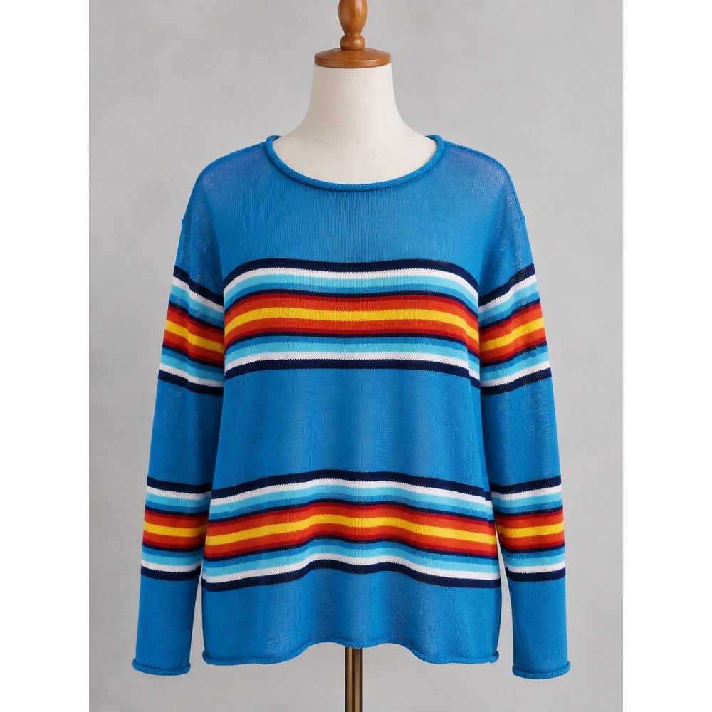 Lauren Ralph Lauren Blue Rainbow Striped Cotton Knit Crewneck Sweater XL